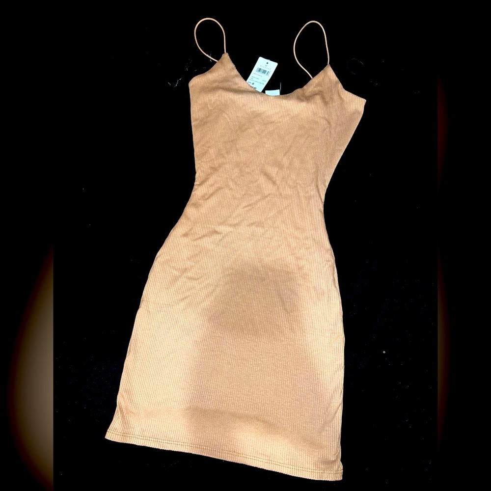 Windsor Small Tan Mini Dress Ribbed Stretch Bungee Cord Spaghetti Strap